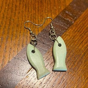 | blue stone FISH hook charm earrings